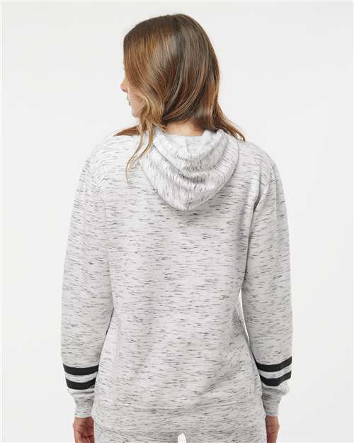 Women’s Mélange Fleece Striped-Sleeve Hooded Sweatshirt – On Model – Back