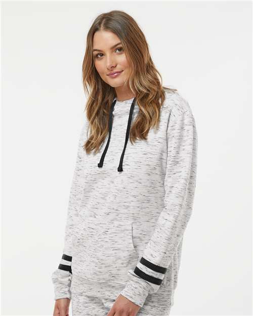 Women’s Mélange Fleece Striped-Sleeve Hooded Sweatshirt – On Model – Side