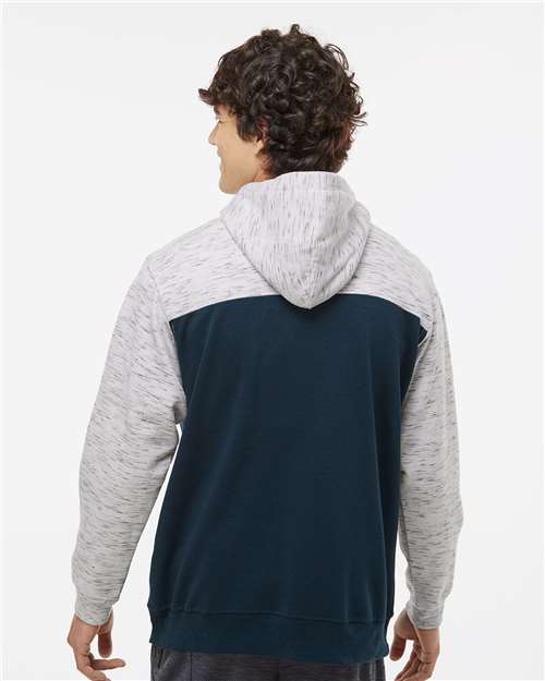 Men's Mélange Fleece Colorblocked Hooded Sweatshirt – On Model – Back