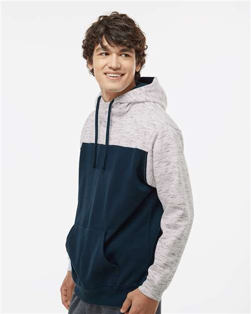 Men's Mélange Fleece Colorblocked Hooded Sweatshirt – On Model – Side