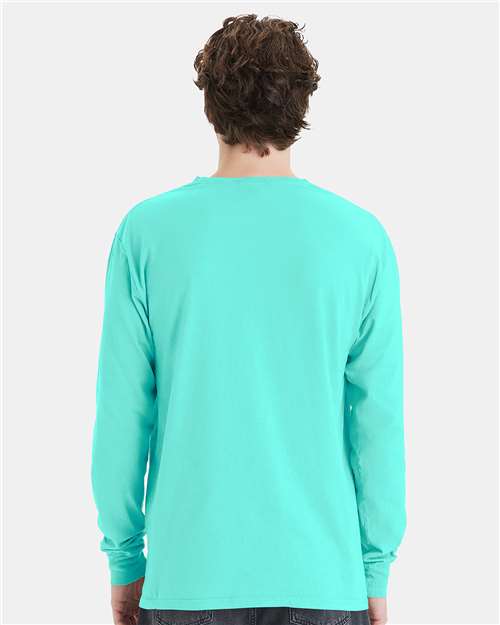 Unisex Garment-Dyed Long Sleeve T-Shirt With a Pocket – On Model – Back