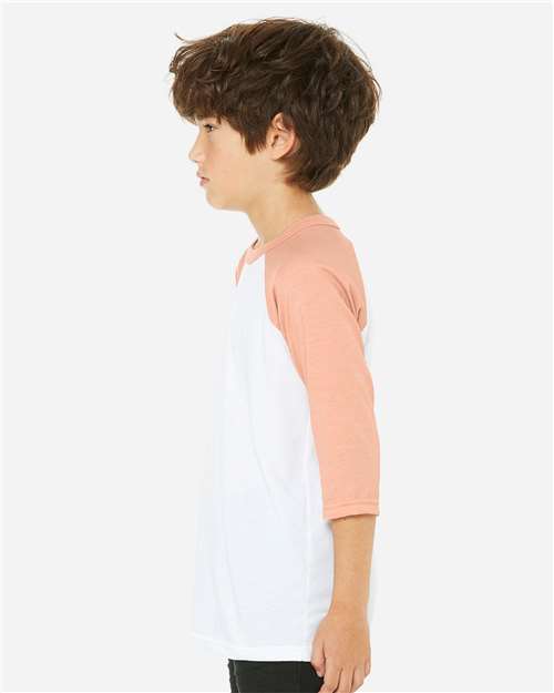 Youth Three-Quarter Sleeve Baseball Tee – On Model – Side