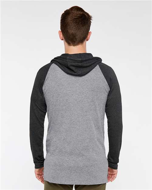 Unisex Fine Jersey Hooded Long Sleeve Raglan Tee – On Model – Back