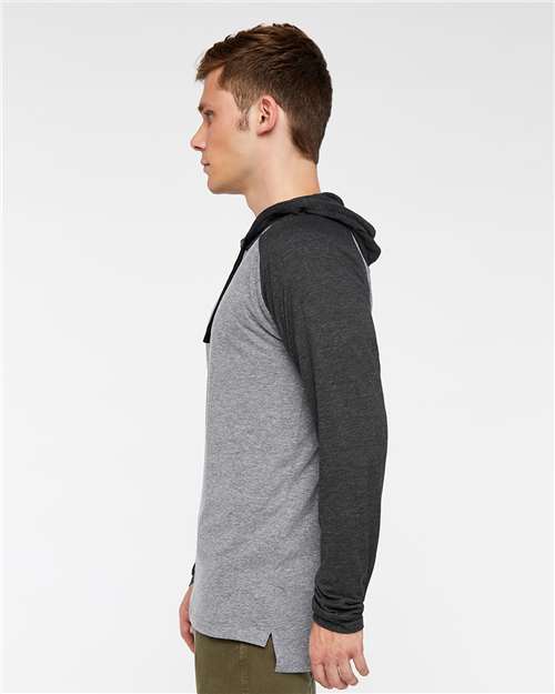 Unisex Fine Jersey Hooded Long Sleeve Raglan Tee – On Model – Side
