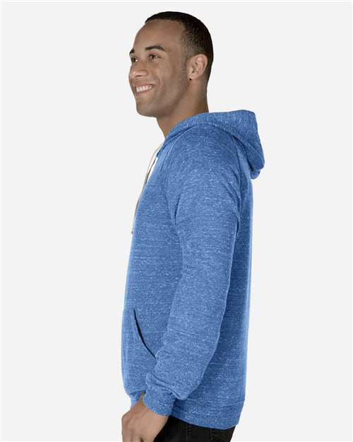 Unisex Snow Heather French Terry Raglan Hooded Sweatshirt – On Model – Side