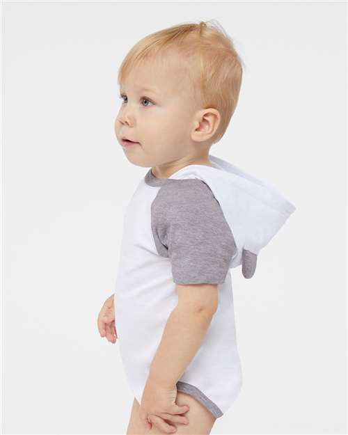 Infant Fine Jersey Raglan Bodysuit with Hood & Ears – On Model – Side