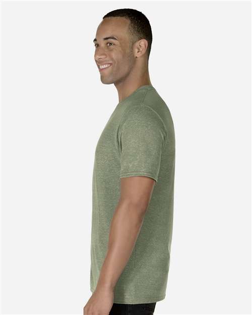 Unisex Snow Heather Jersey T-Shirt – On Model – Side