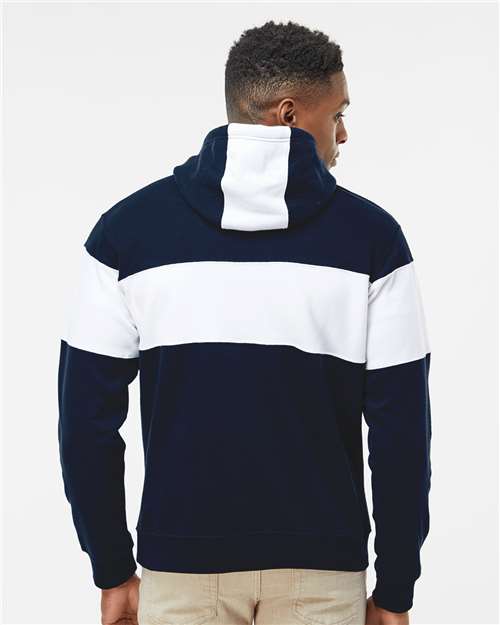 Men's Varsity Fleece Colorblocked Hooded Sweatshirt – On Model – Back