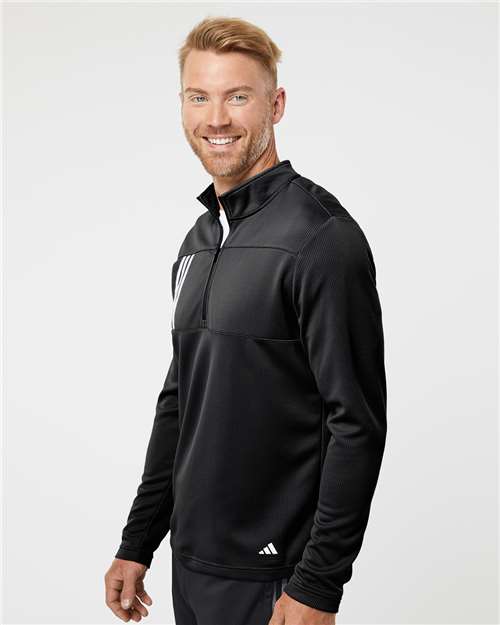 Men's 3-Stripes Double-Knit Quarter-Zip Pullover – On Model – Side
