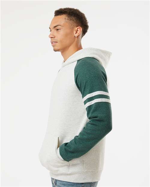 Unisex Nublend® Varsity Colorblocked Raglan Hooded Sweatshirt – On Model – Side