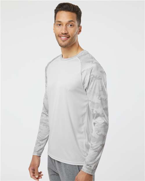 Unisex Cayman Performance Camo Colorblocked Long Sleeve T-Shirt – On Model – Side